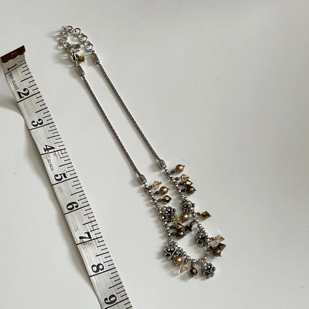Brighton Retired Cannes Necklace Bronze Crystal Pearl Dangle Hearts - Picture 5 of 6